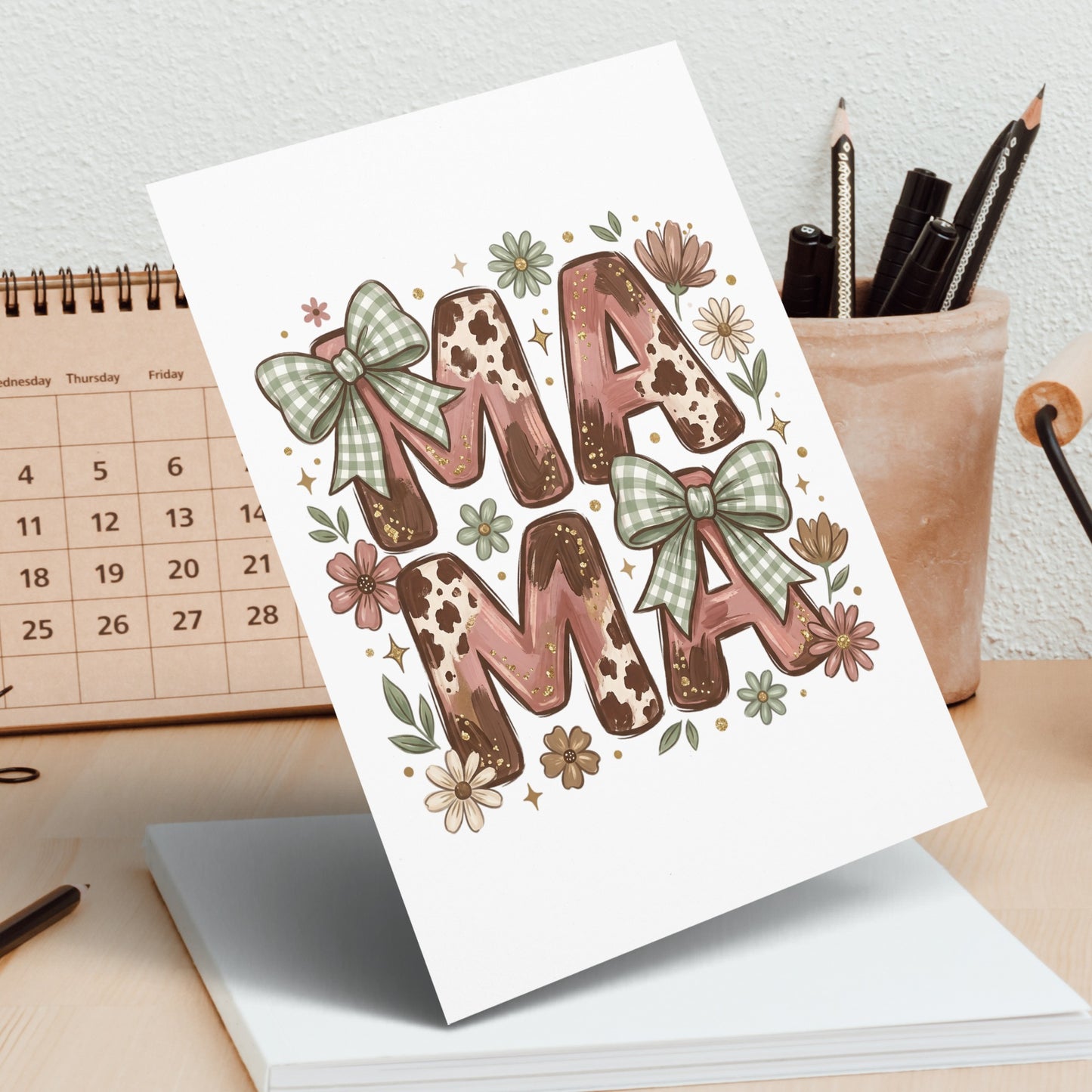 "Mama" text with floral accents and gingham bows on a white card.