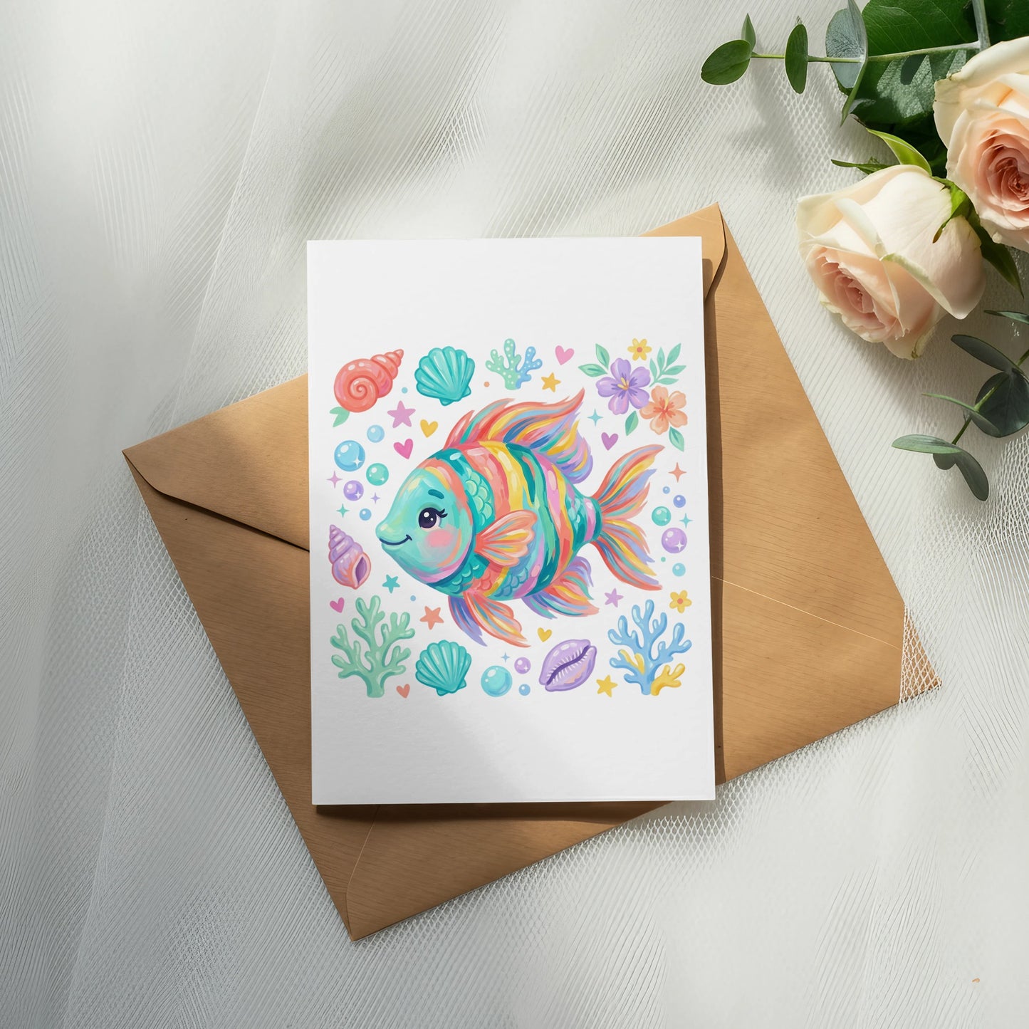 Colorful cartoon fish with seashells and coral on a greeting card.