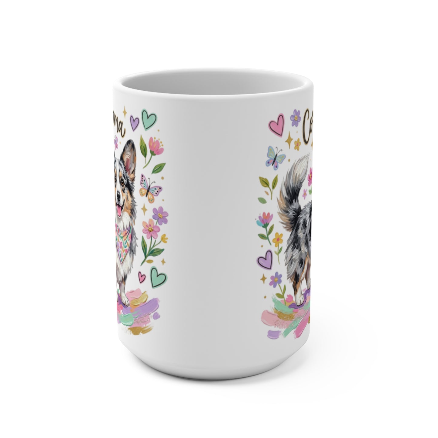 White mug with colorful dog illustration and floral accents.