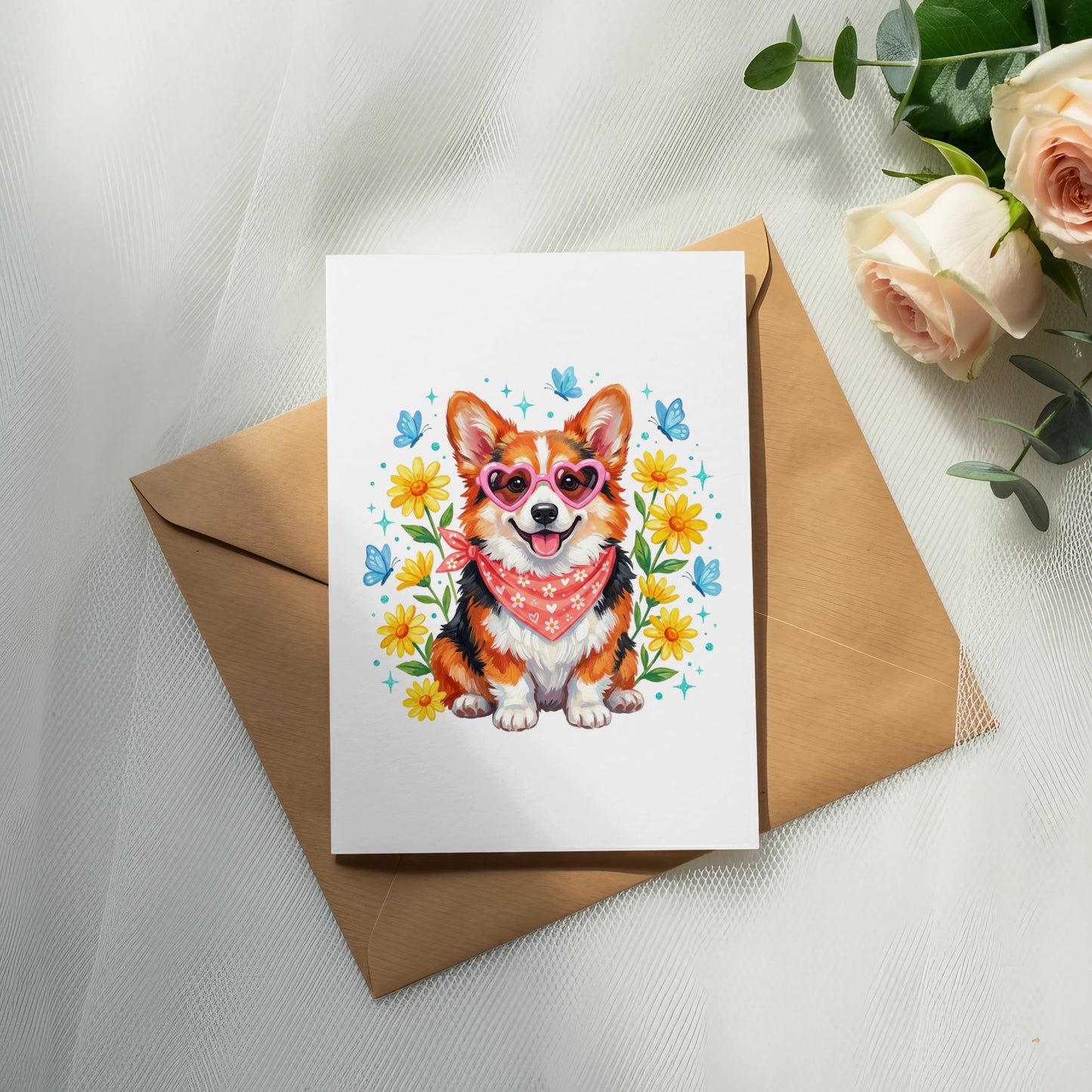 Corgi wearing heart sunglasses and bandana on a card surrounded by flowers.