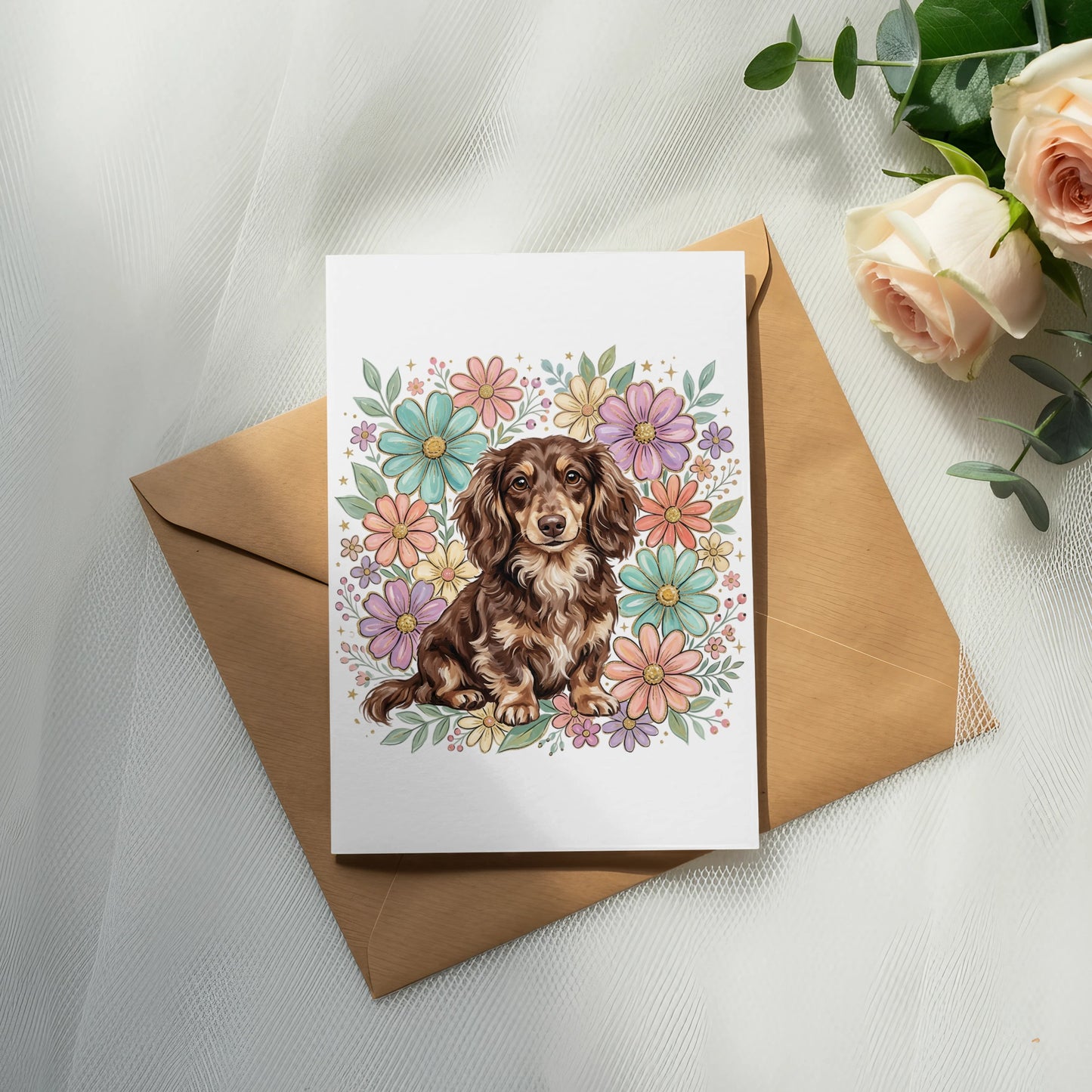 Dachshund puppy surrounded by pastel flowers on a greeting card.