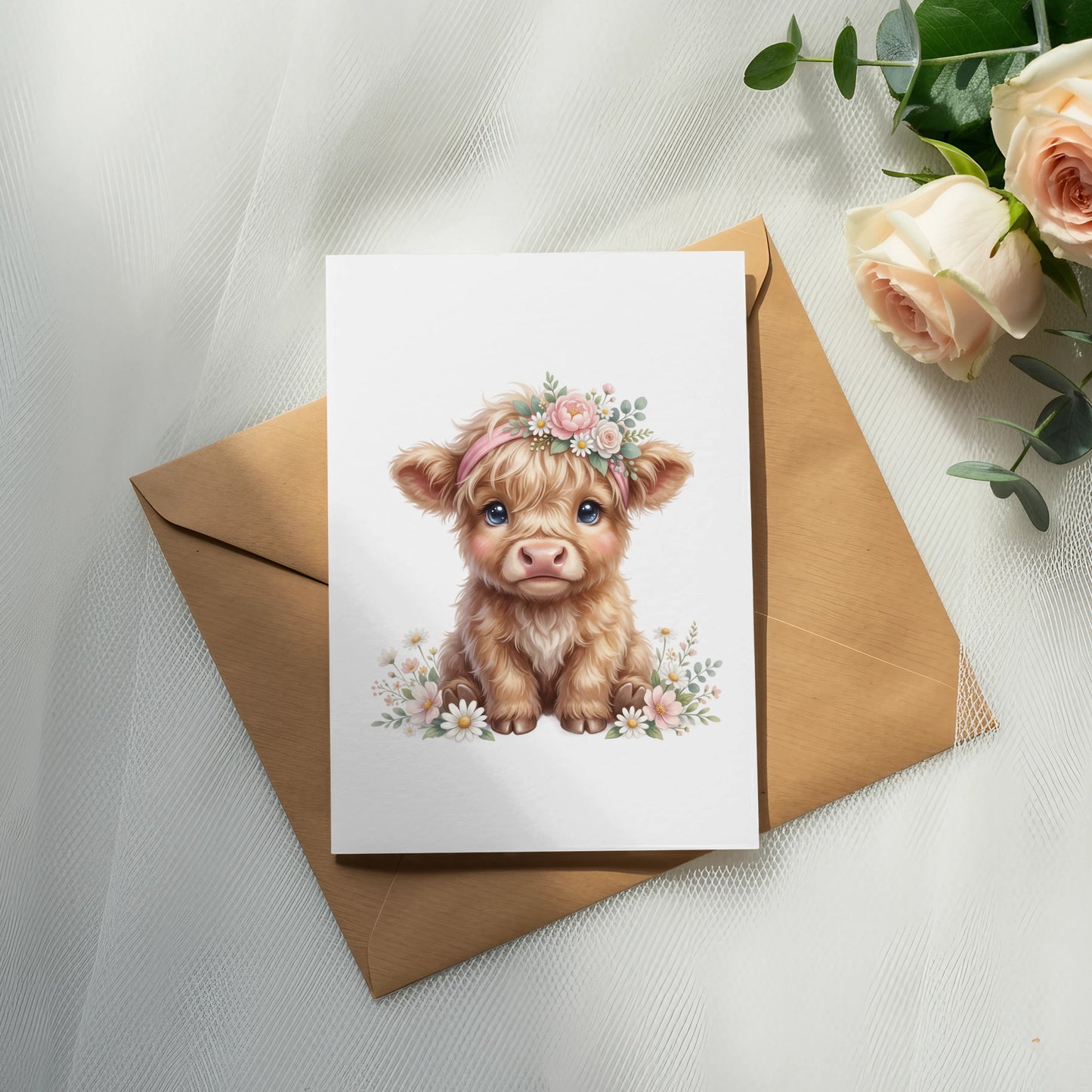 Fluffy Highland cow calf wearing a flower crown on a greeting card.