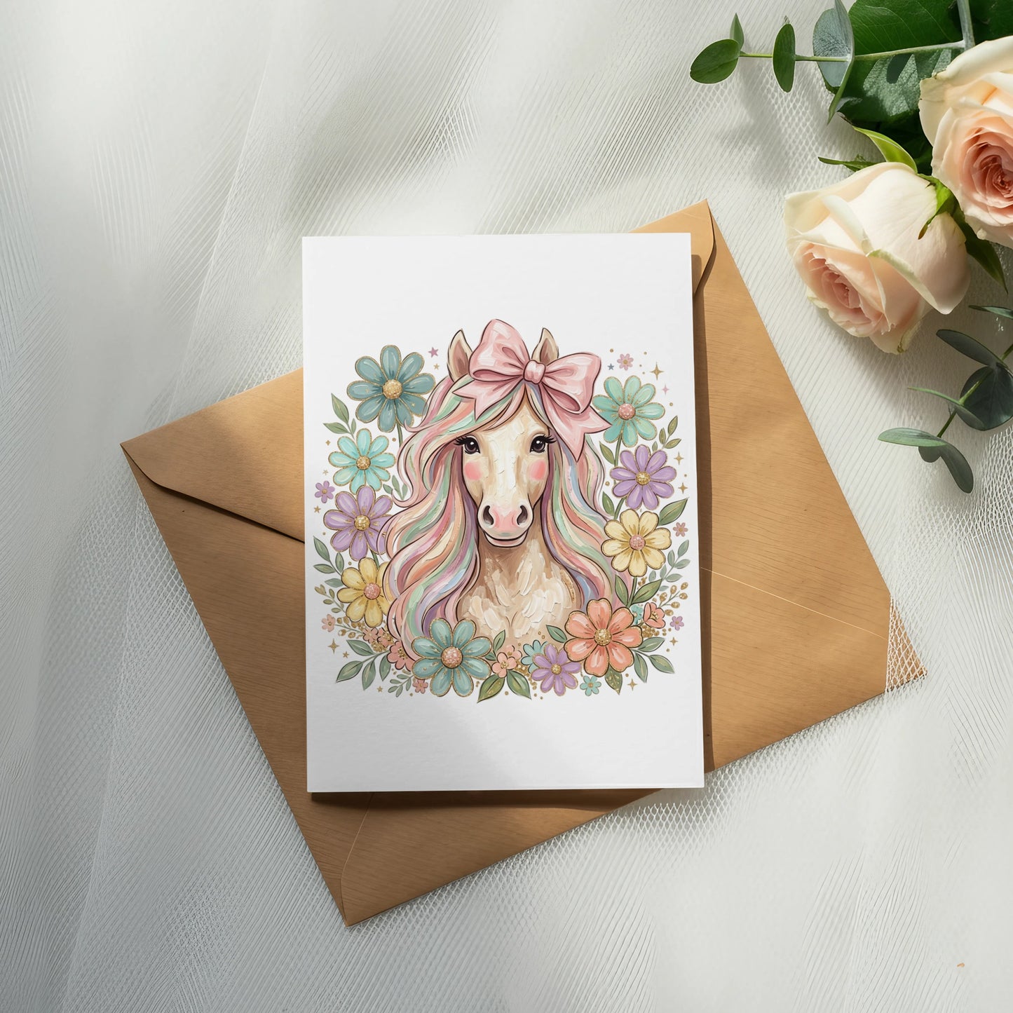 Illustration of a pink unicorn with a bow, surrounded by colorful flowers on a card.