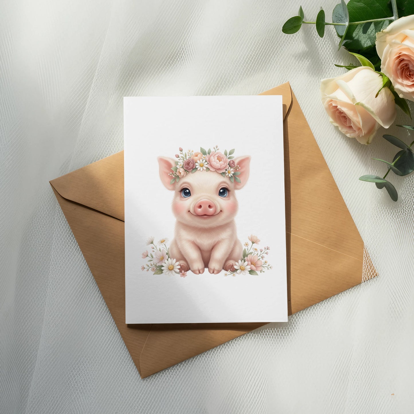 Cute piglet wearing a floral crown, sitting on a card atop an envelope.