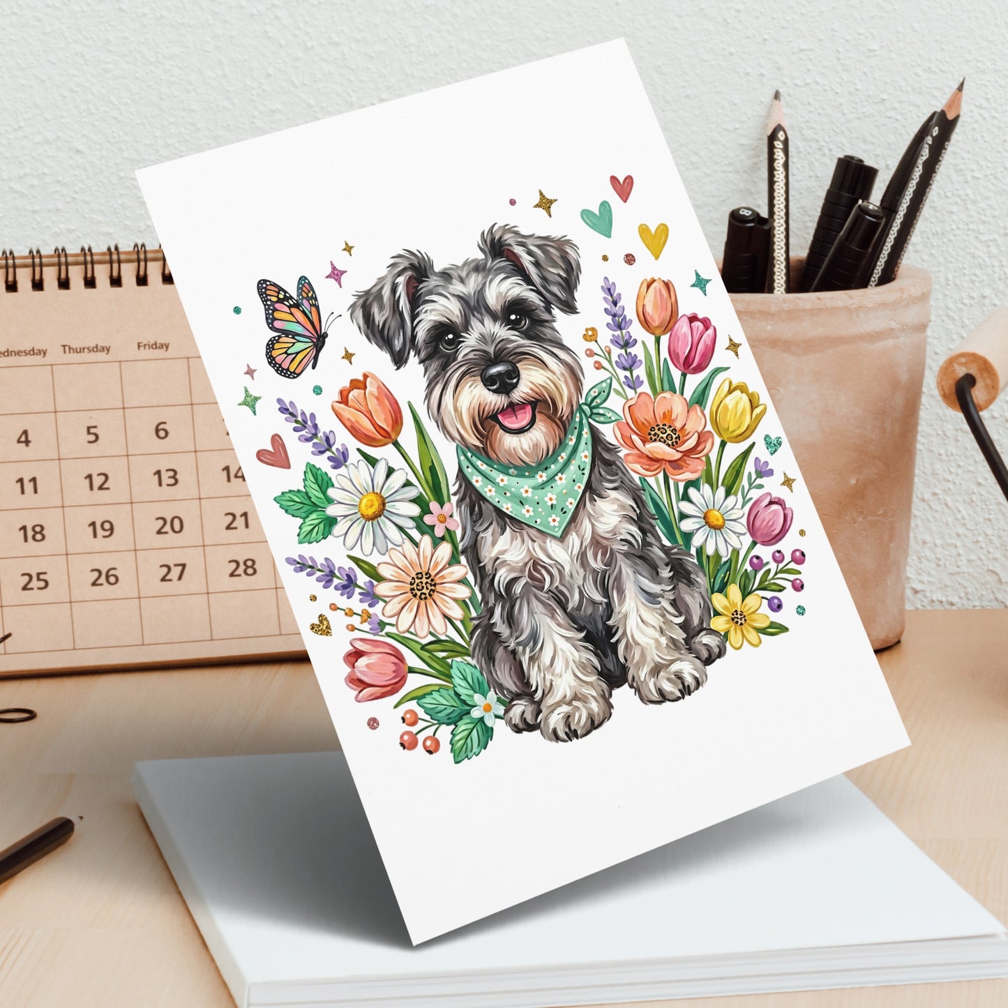 Schnauzer dog in a floral arrangement with a calendar in the background.