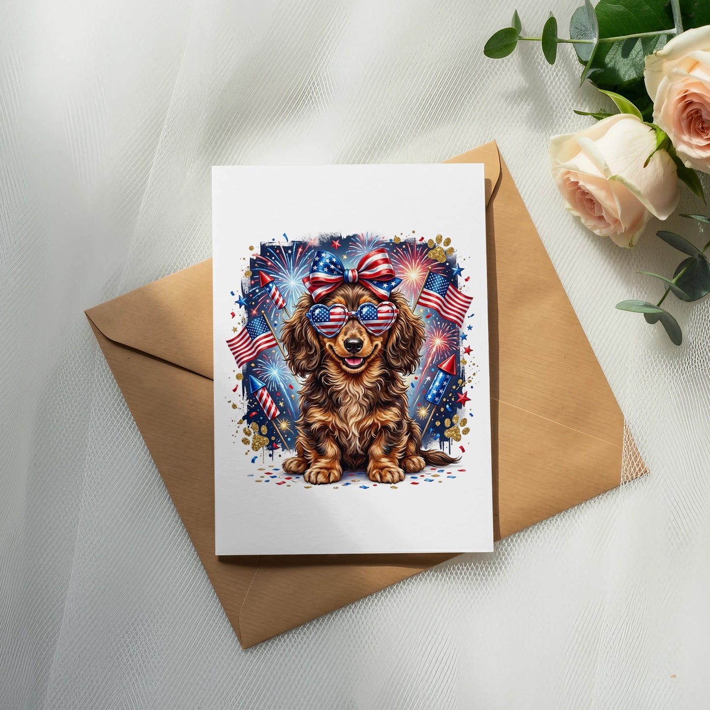 Dachshund wearing sunglasses with American flag design, on card with fireworks.