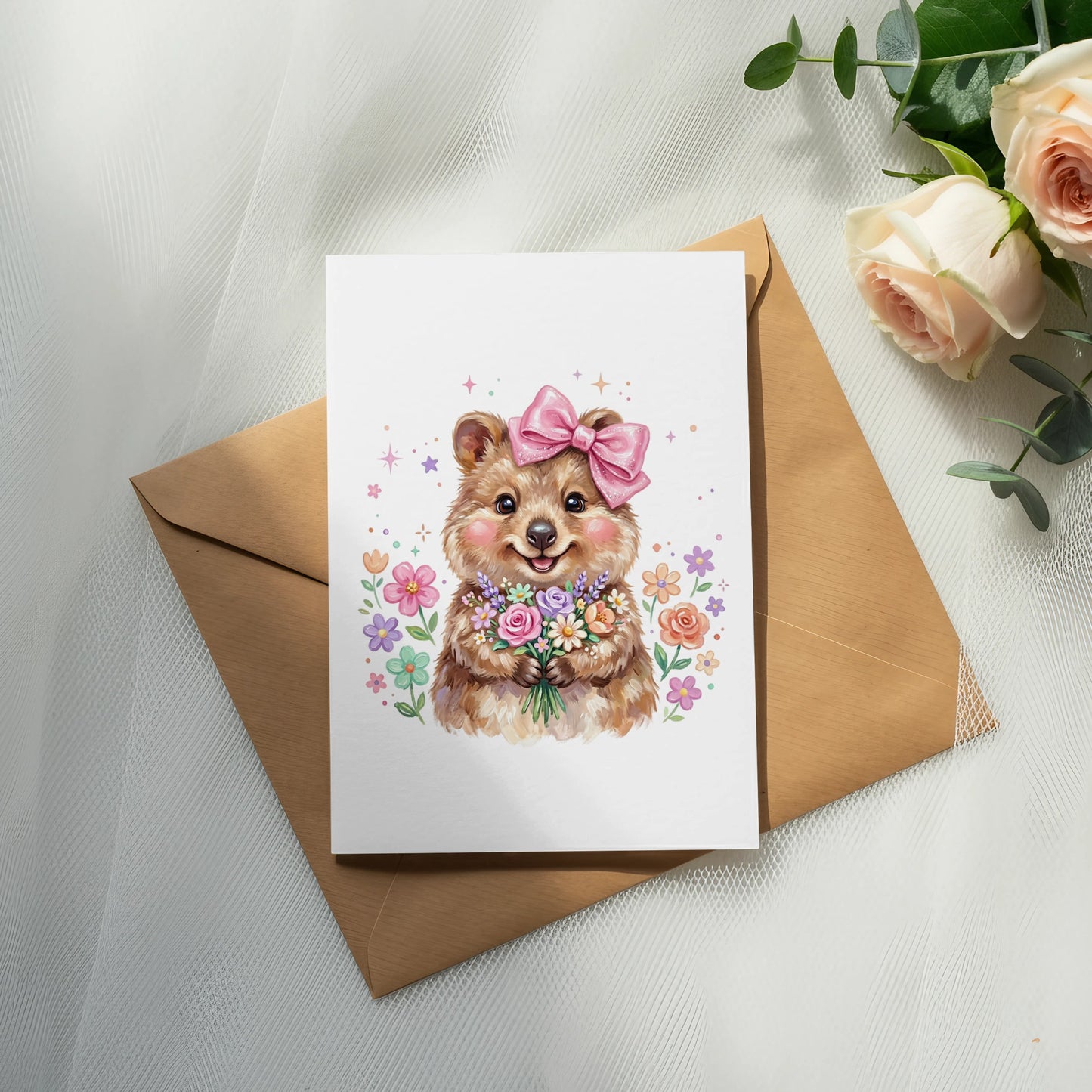 Quokka holding a bouquet of flowers wearing a pink bow.