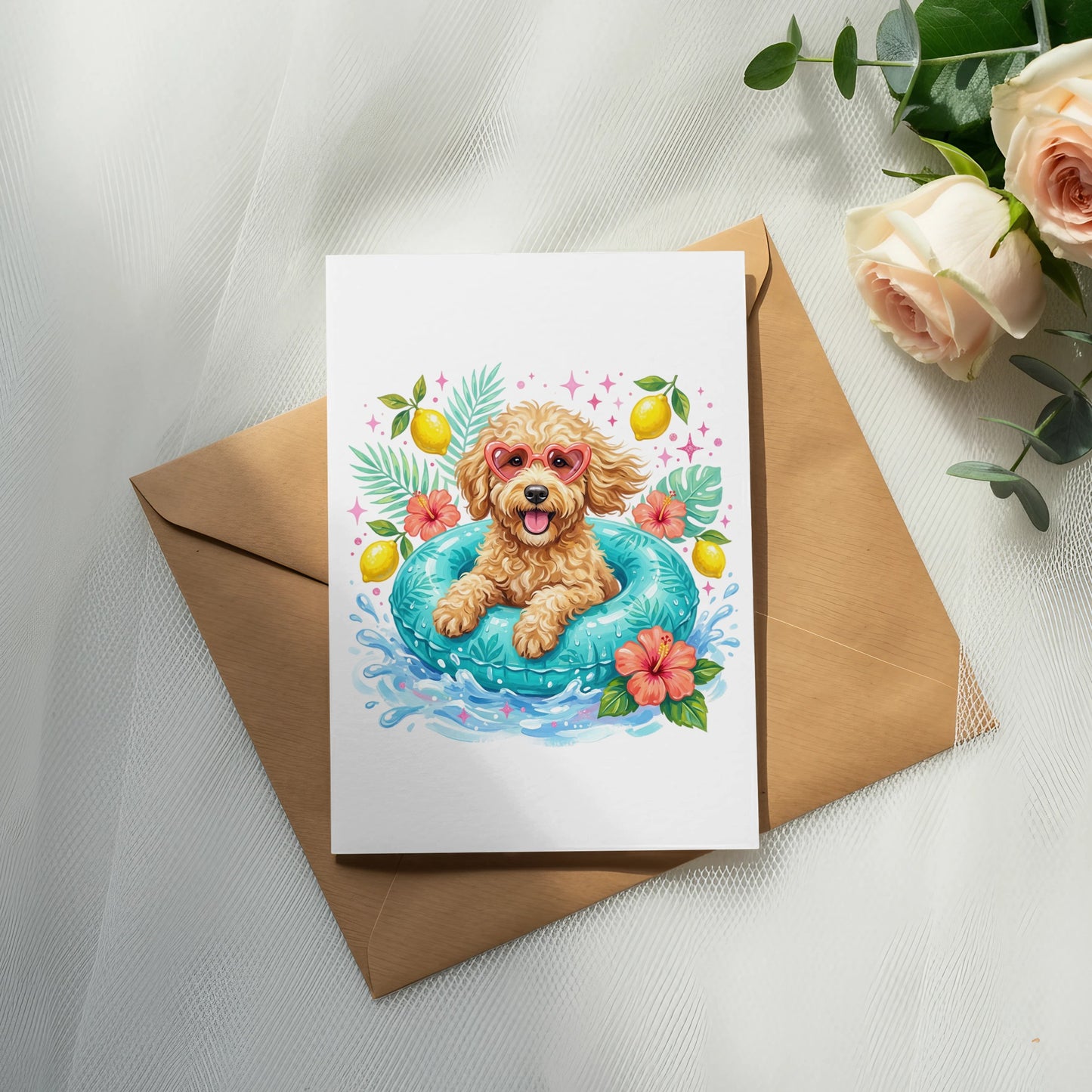 Dog in a pool float wearing heart-shaped sunglasses and surrounded by tropical leaves and fruit.