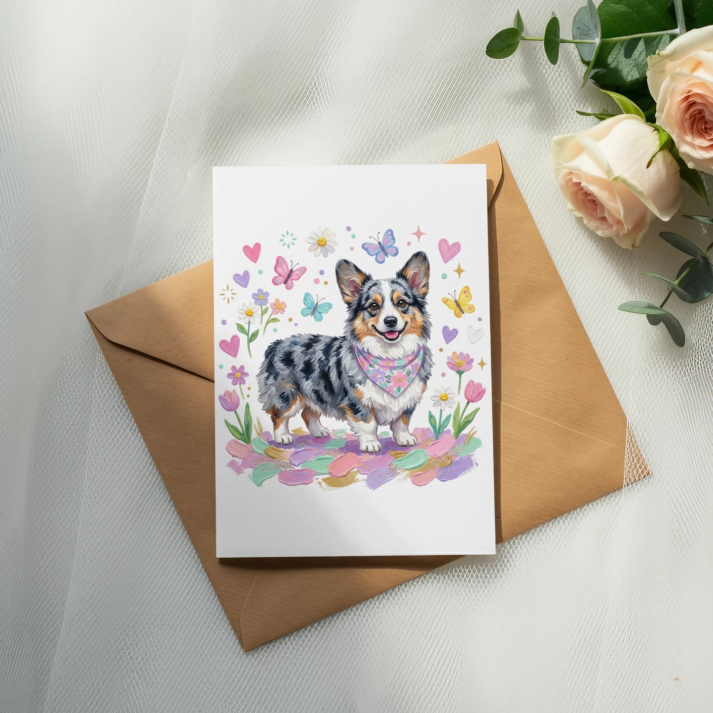 Watercolor illustration of a corgi wearing a bandana surrounded by flowers and butterflies.