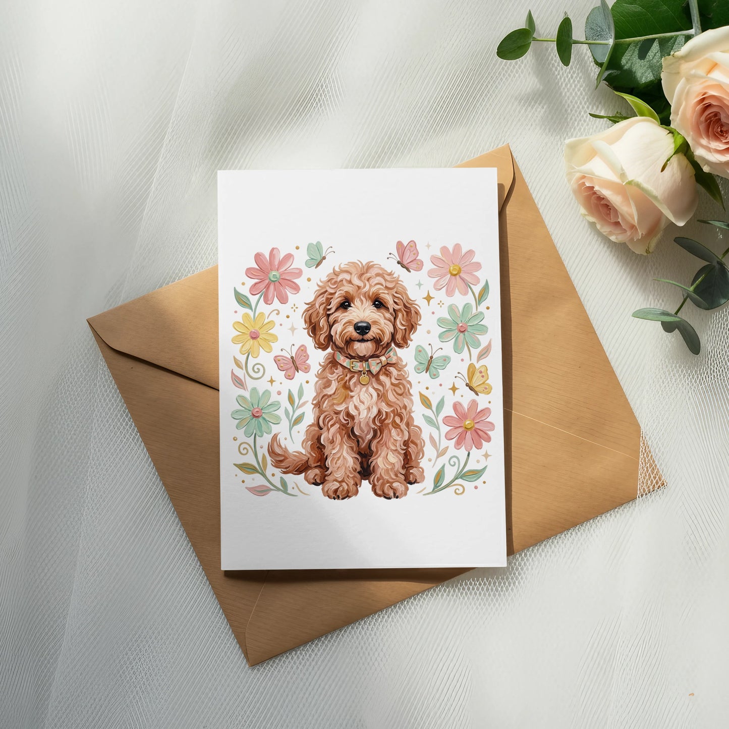 Card with a golden doodle dog surrounded by flowers and butterflies.