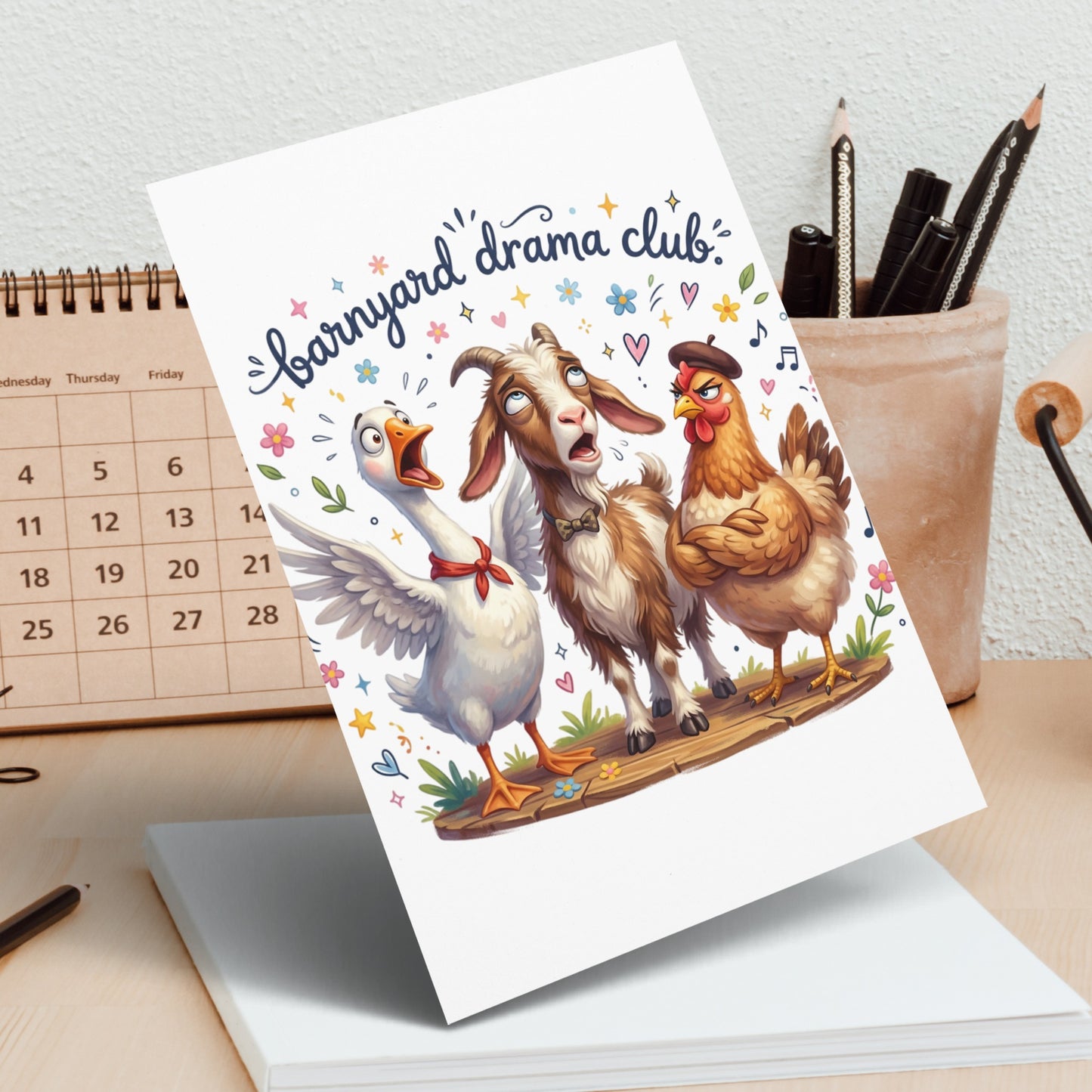 Barnyard drama club card featuring a goat, goose, and chicken.