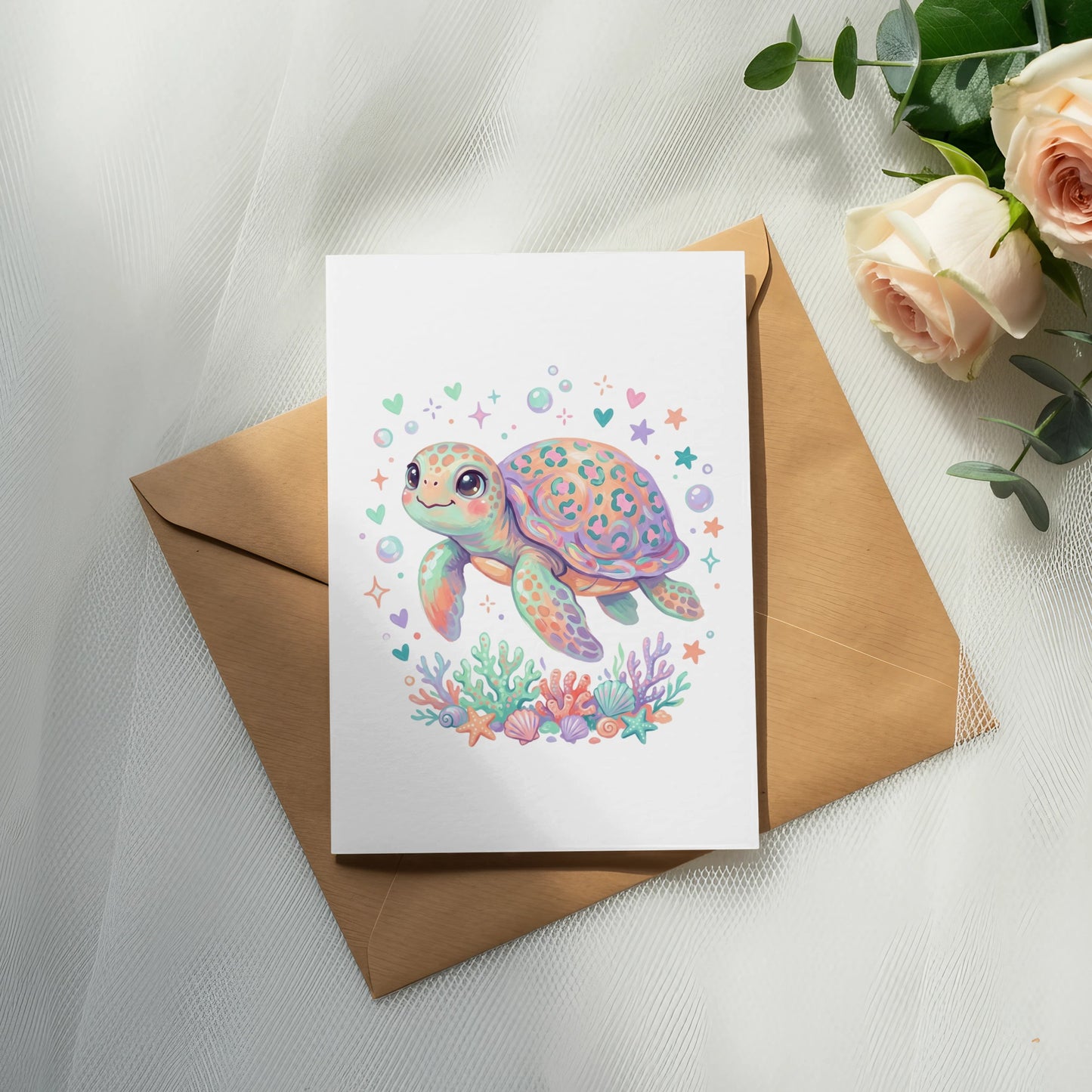 Cute cartoon sea turtle on a card with colorful sea life and hearts.