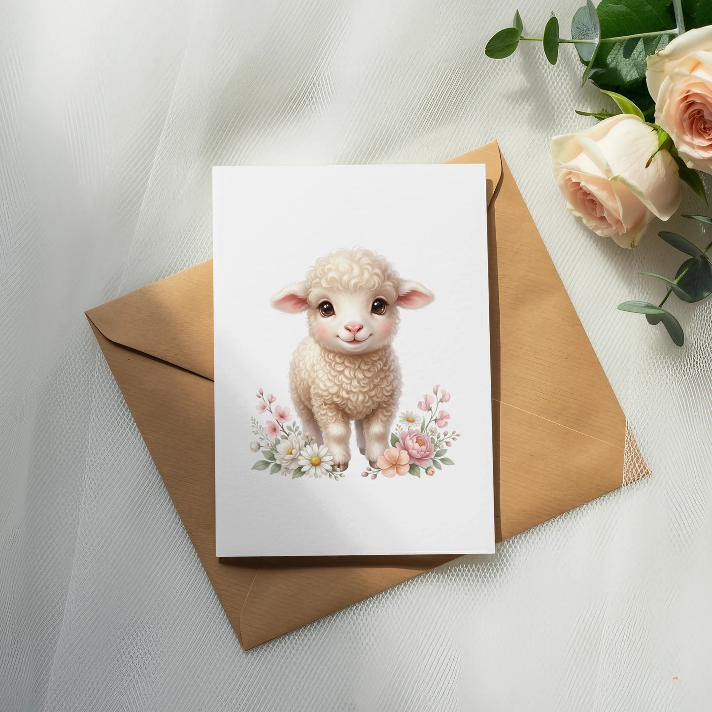 Cute cartoon sheep on a card with roses and greenery.