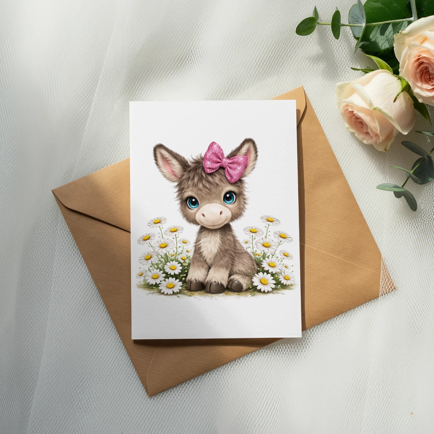 Cute cartoon donkey with pink bow and daisies on a greeting card.