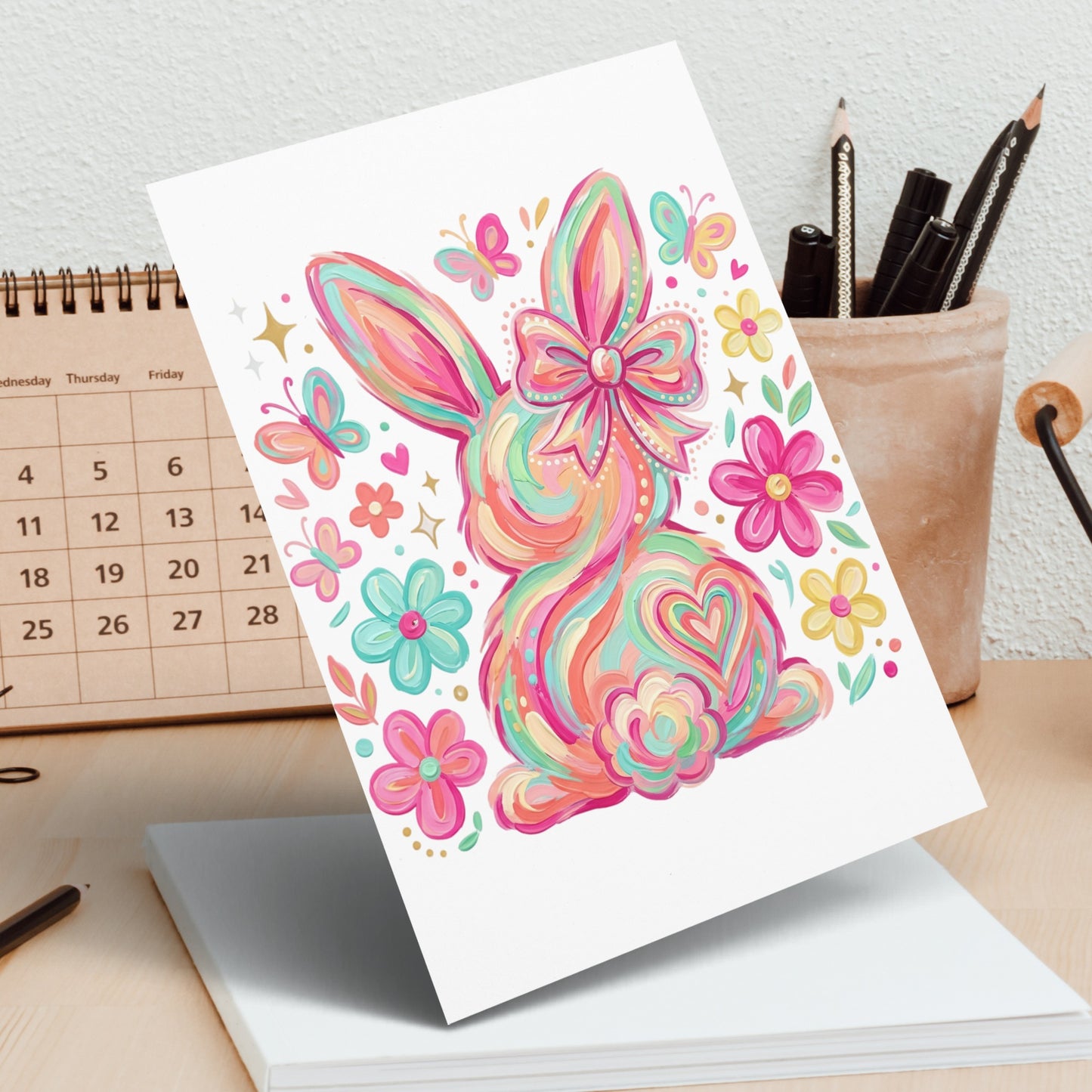 Colorful illustrated Easter bunny with flowers and butterflies.