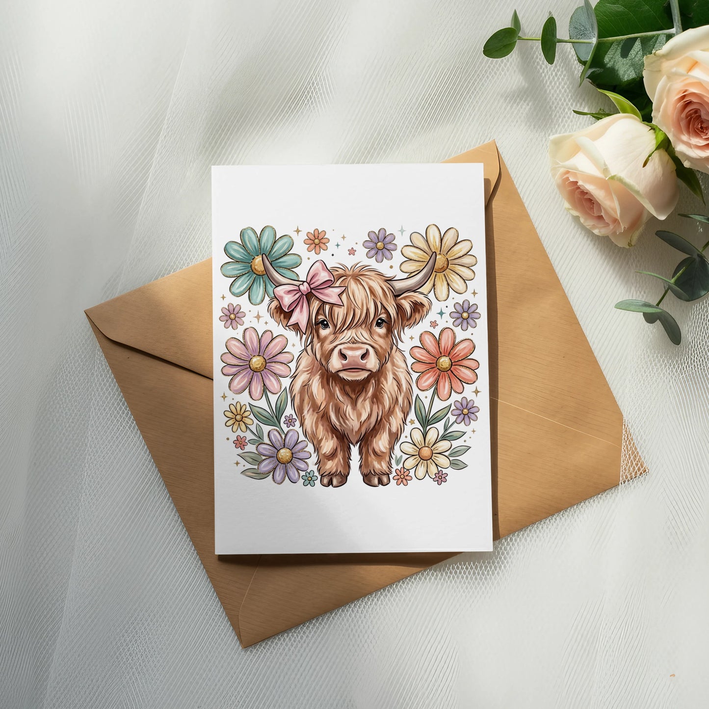 Highland cow with pink bow and colorful flowers on a card.
