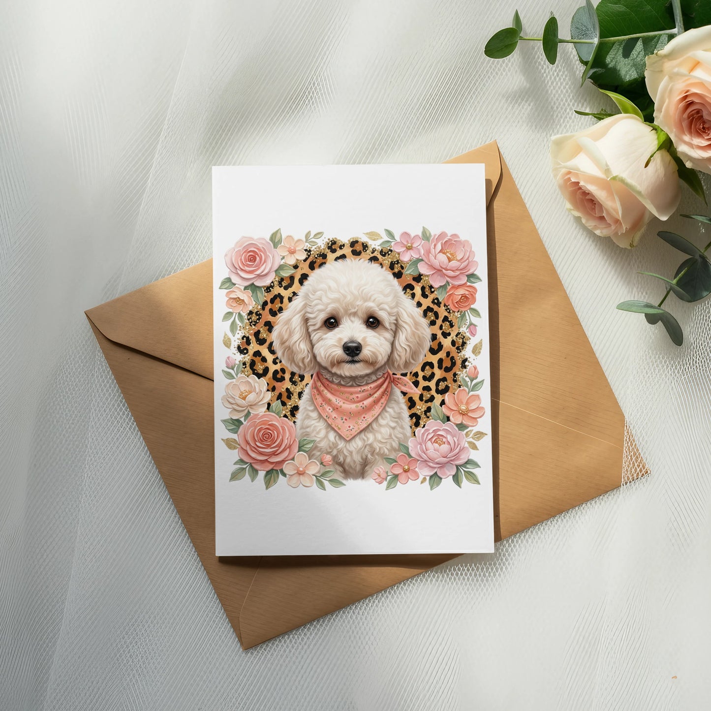 White poodle wearing a pink bandana, surrounded by floral and leopard print.
