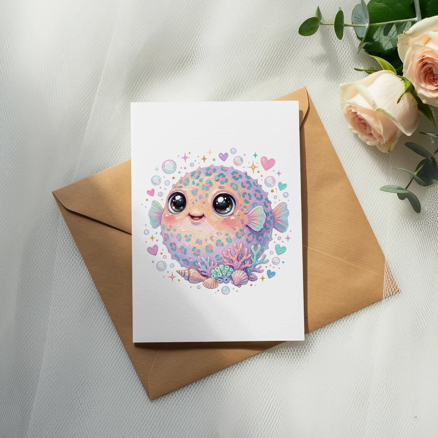 Cute pufferfish on a card, with coral and hearts, on a brown envelope.