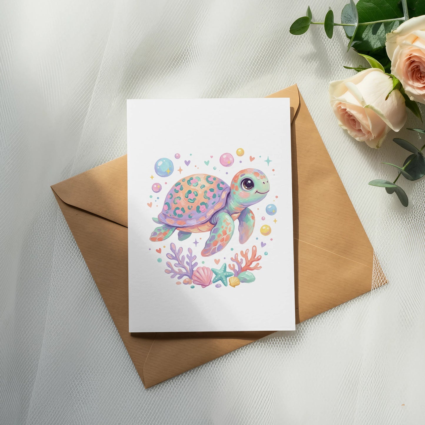 Cute cartoon sea turtle with colorful bubbles and seashells on a greeting card.