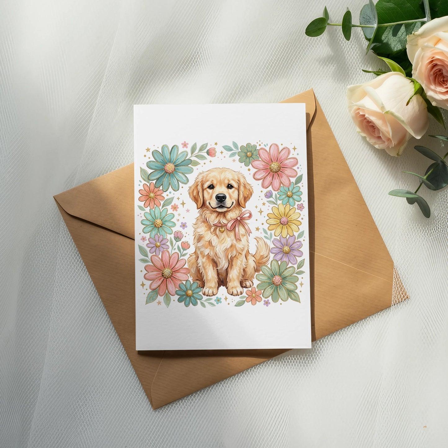 Golden retriever puppy wearing a pink bow on a card surrounded by flowers.