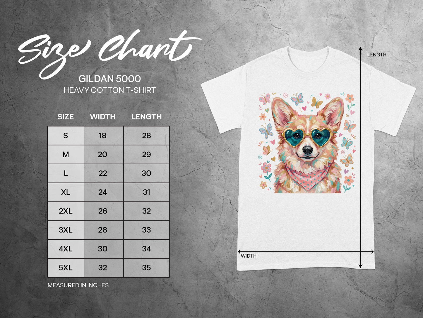 Gildan 5000 Heavy Cotton T-Shirt size chart with measurements in inches.