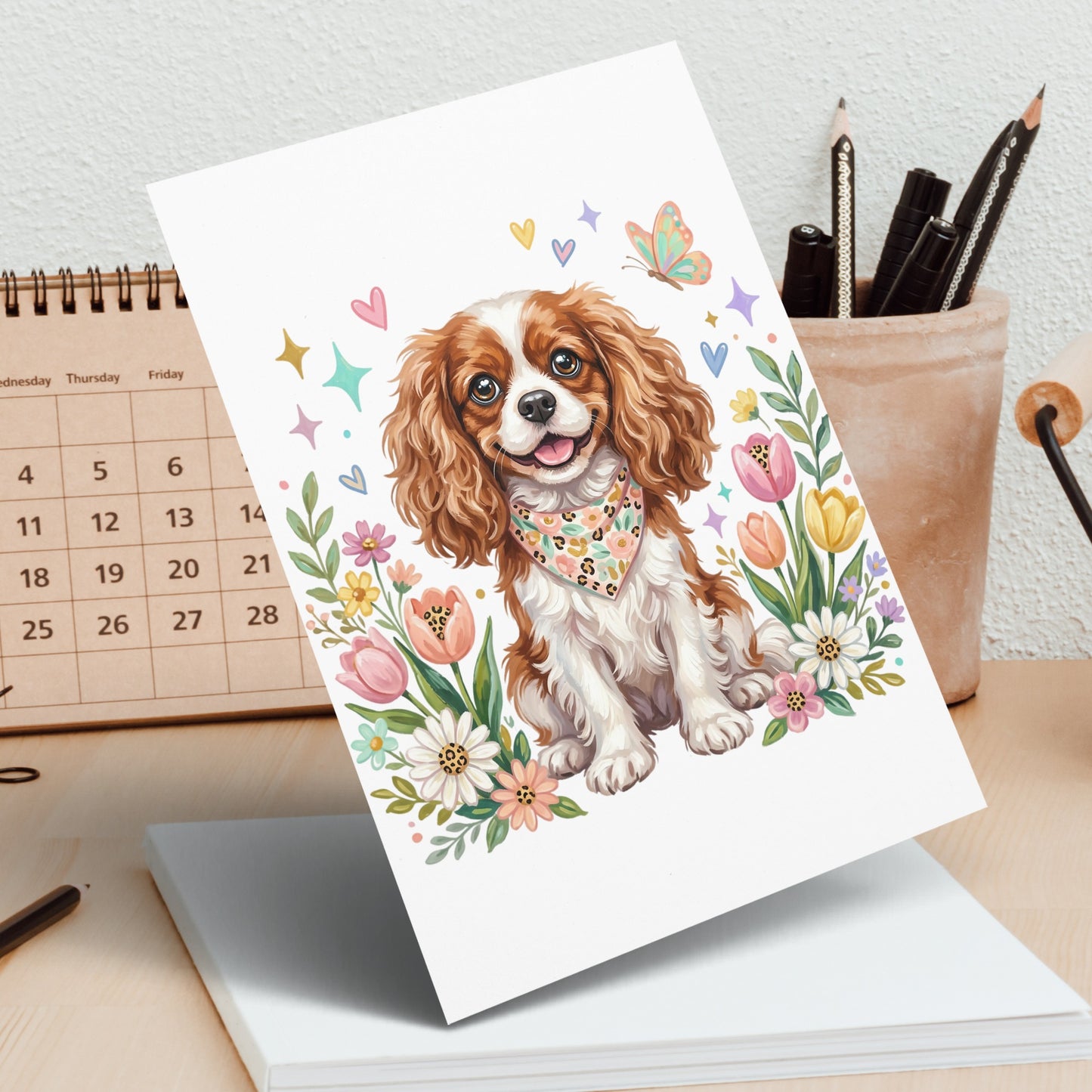 Cavalier King Charles Spaniel wearing a bandana, surrounded by flowers and stars.
