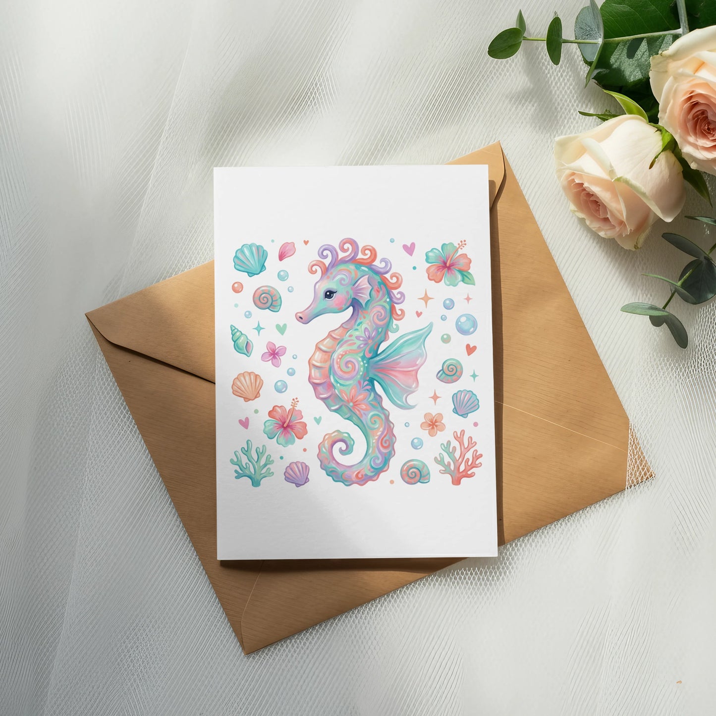 Watercolor seahorse illustration on a card with seashells and coral.