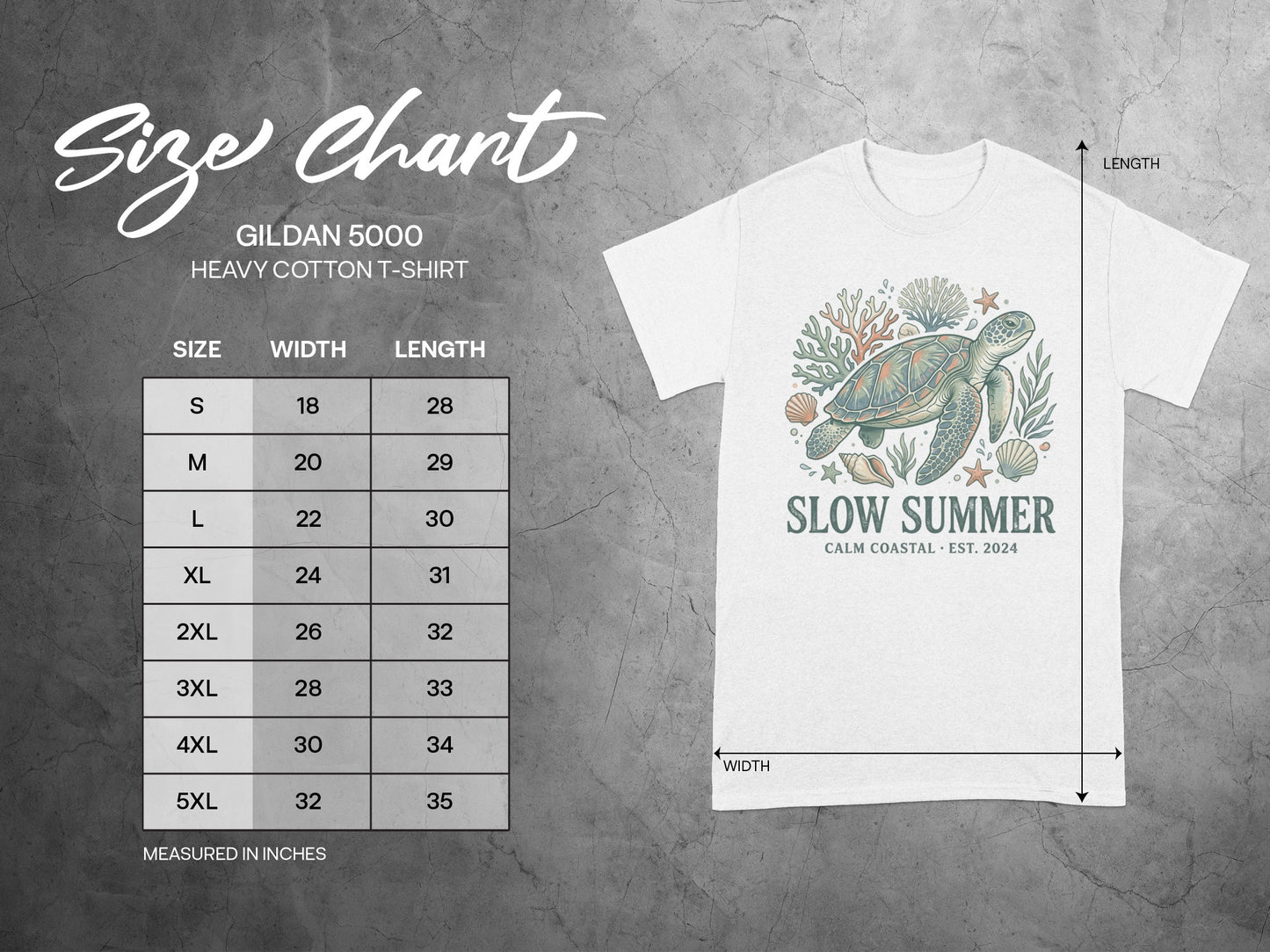 Gildan 5000 t-shirt size chart and "Slow Summer" graphic.