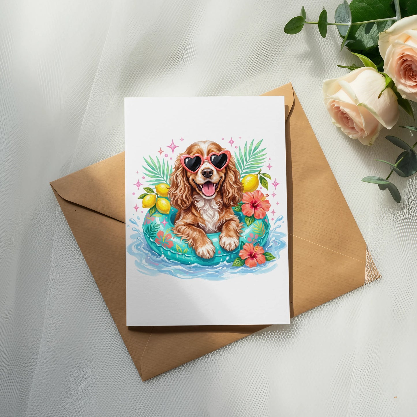 Cocker spaniel with heart sunglasses floats in a pool on a card.