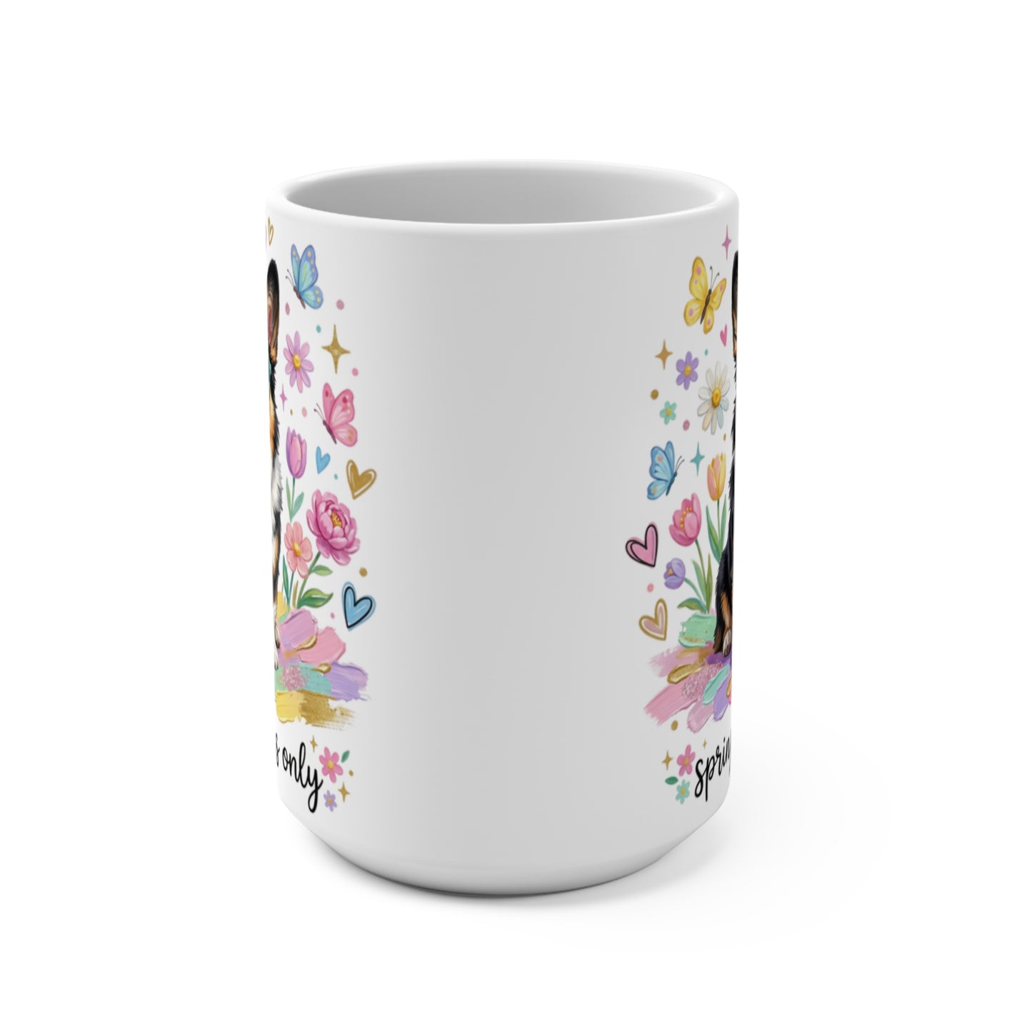 White mug with repeating print of a dog surrounded by butterflies and flowers.