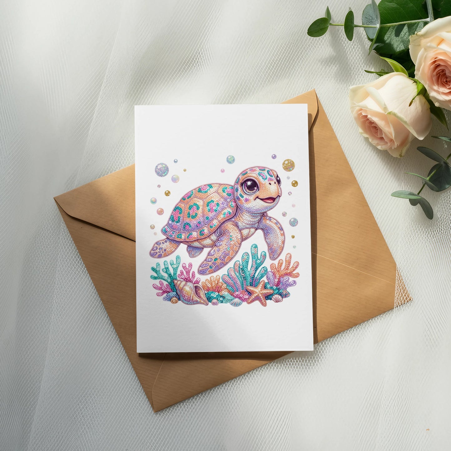 Illustrated turtle with colorful shell on greeting card over envelope.