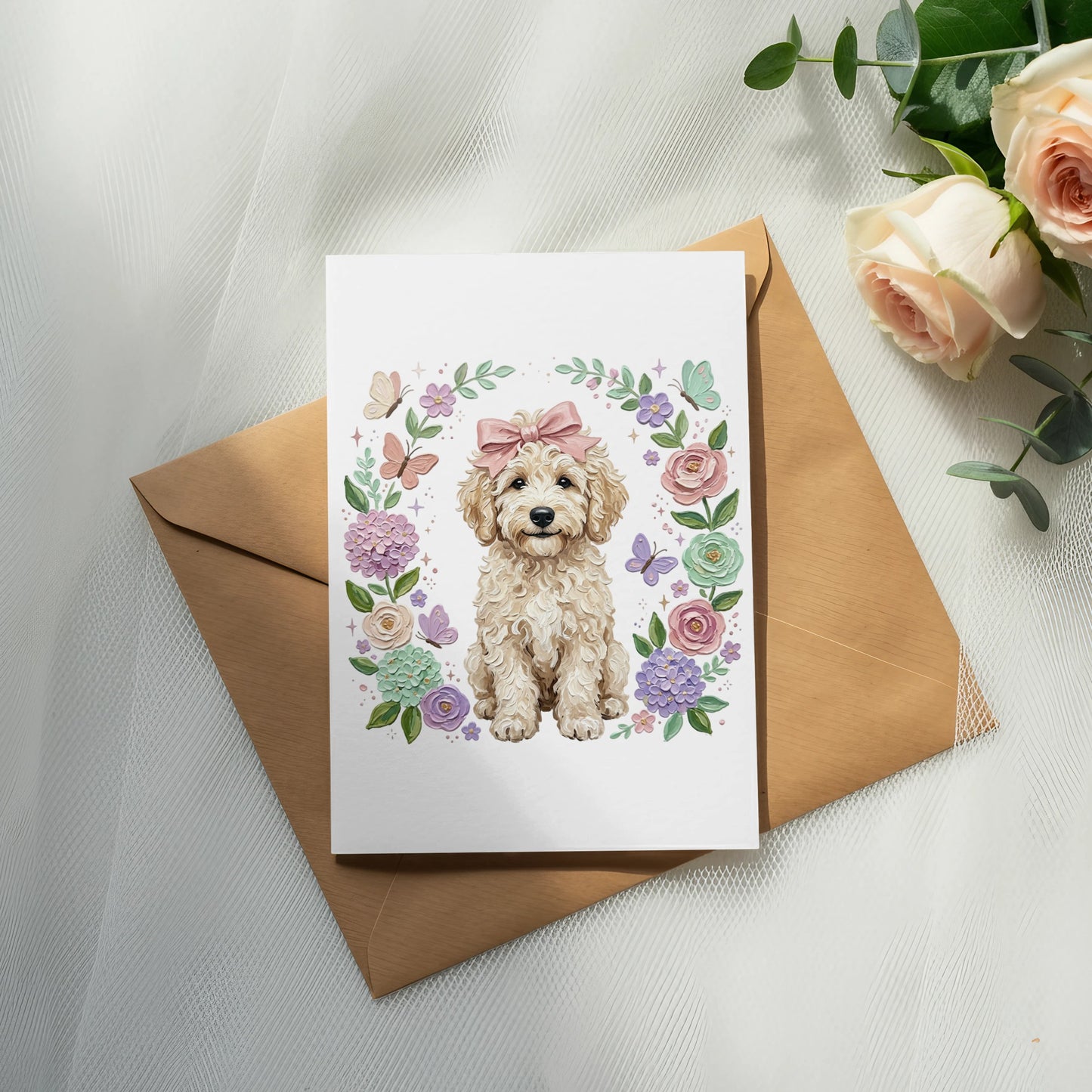 Fluffy dog with pink bow in floral wreath on a card.