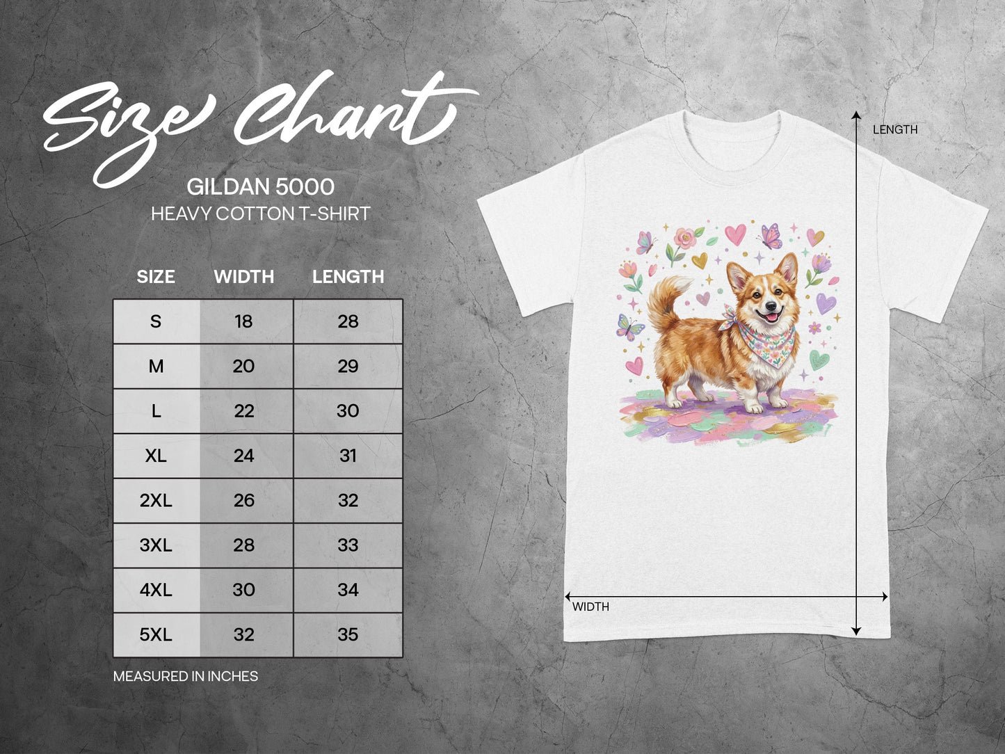 Gildan 5000 Heavy Cotton T-shirt size chart with measurements and a graphic of a corgi.