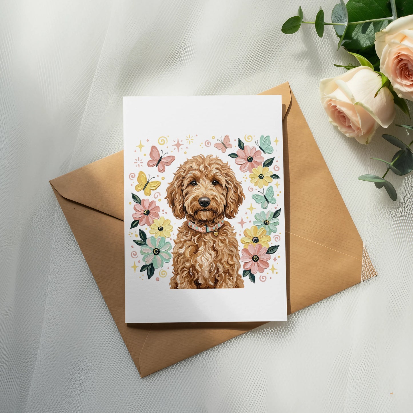Card with a doodle dog surrounded by butterflies and flowers.