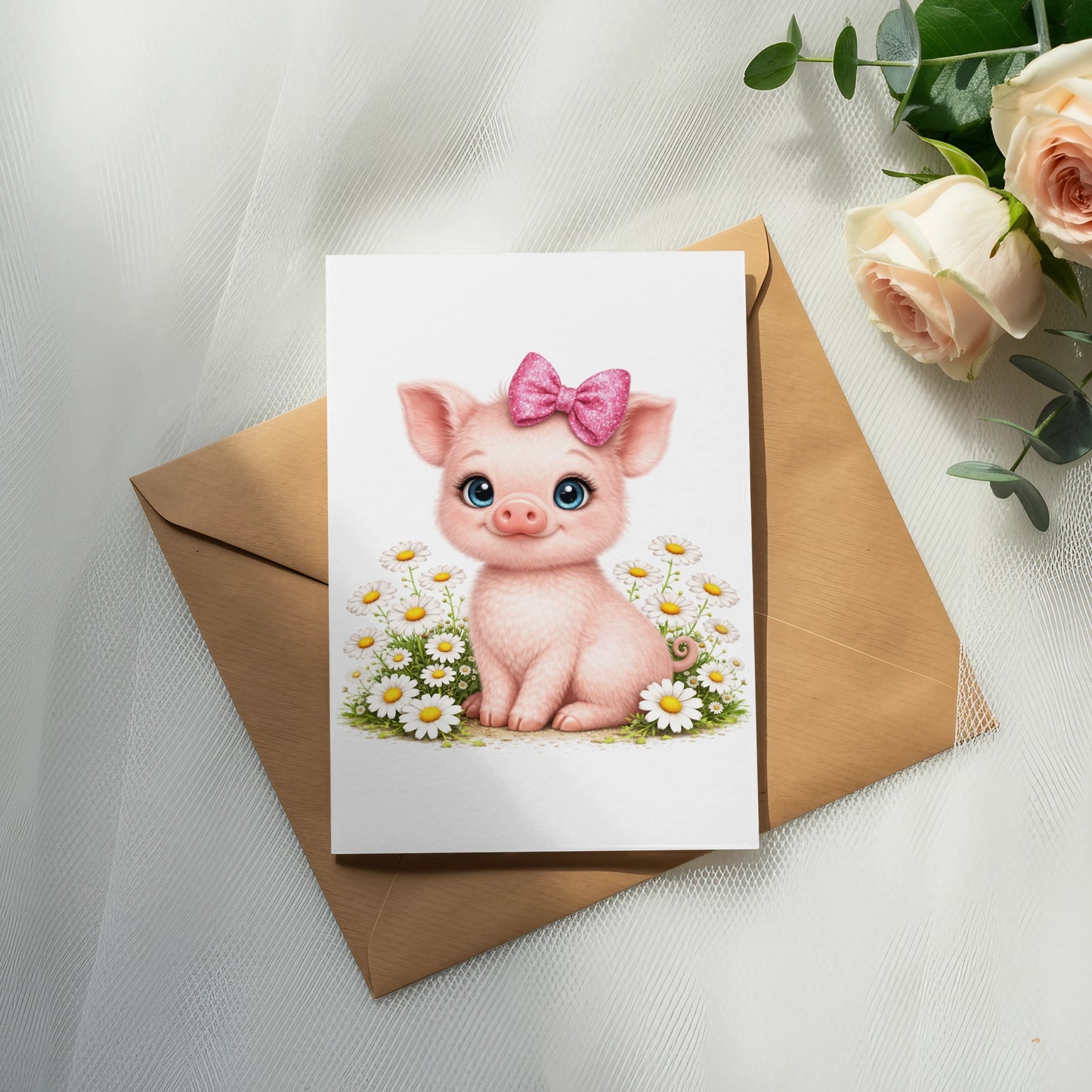Cute piglet with pink bow sits among daisies on a greeting card.