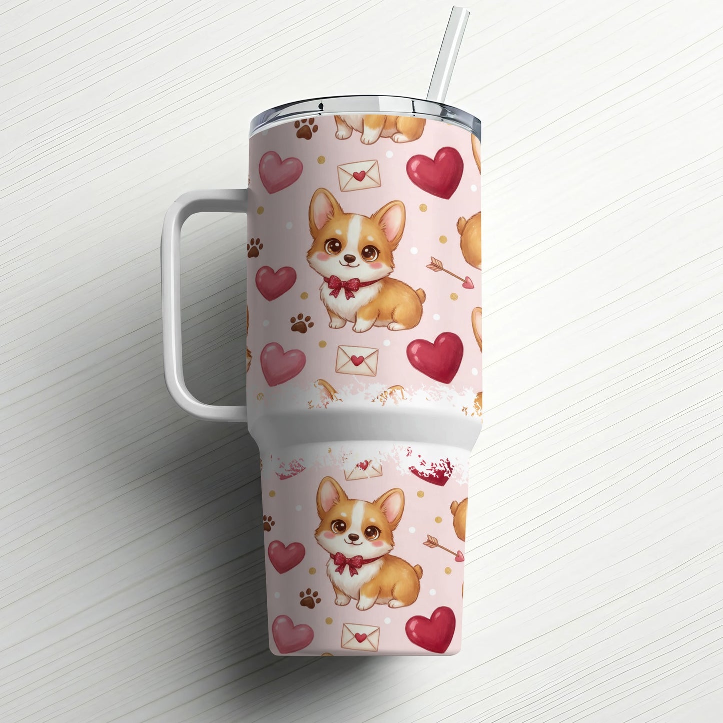 Pink tumbler with corgi, hearts, and paw prints.