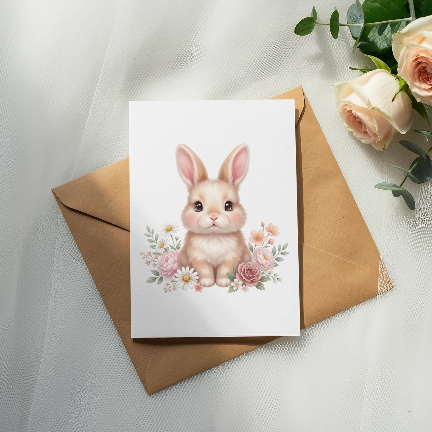 Card with a cute bunny surrounded by flowers, on a kraft envelope.