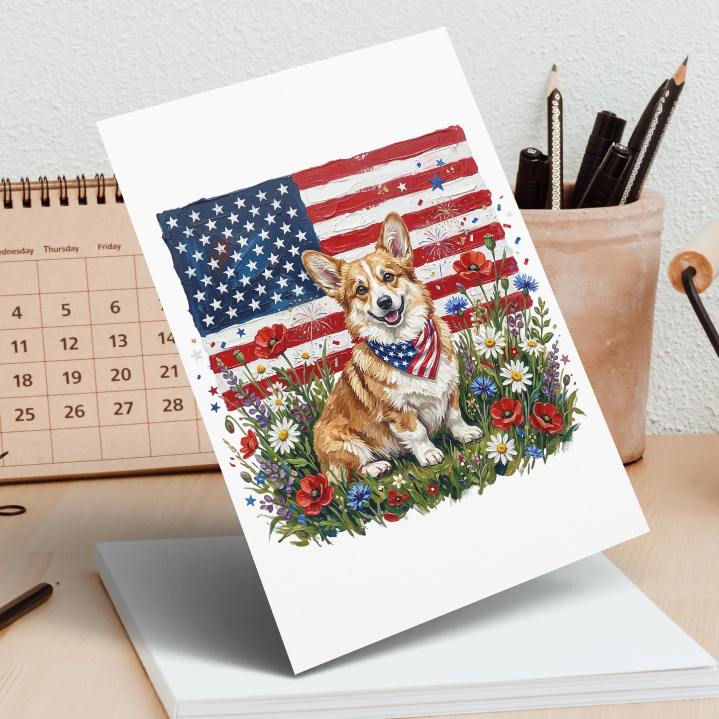 Corgi wearing bandana in front of American flag and wildflowers.