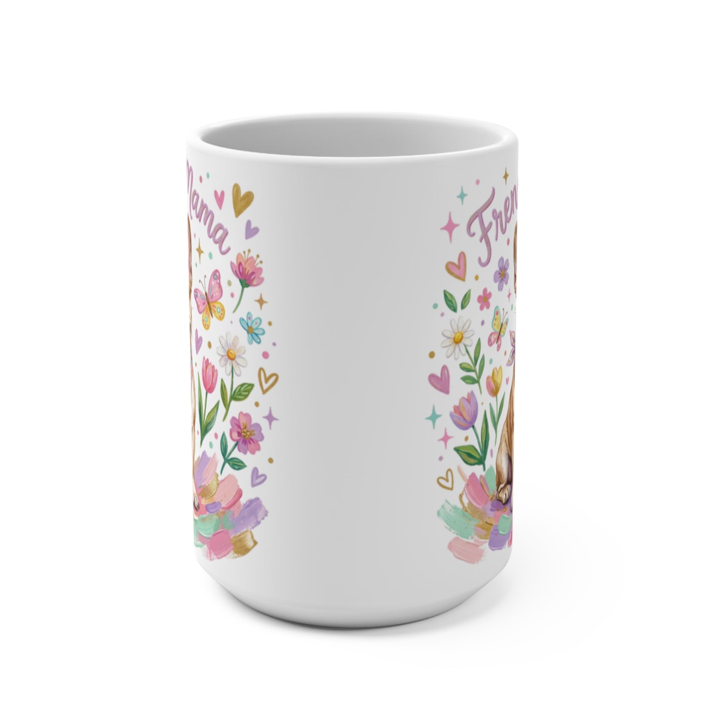 Mug with "Mama" and "Frenchie" text, surrounded by colorful floral and butterfly illustrations.