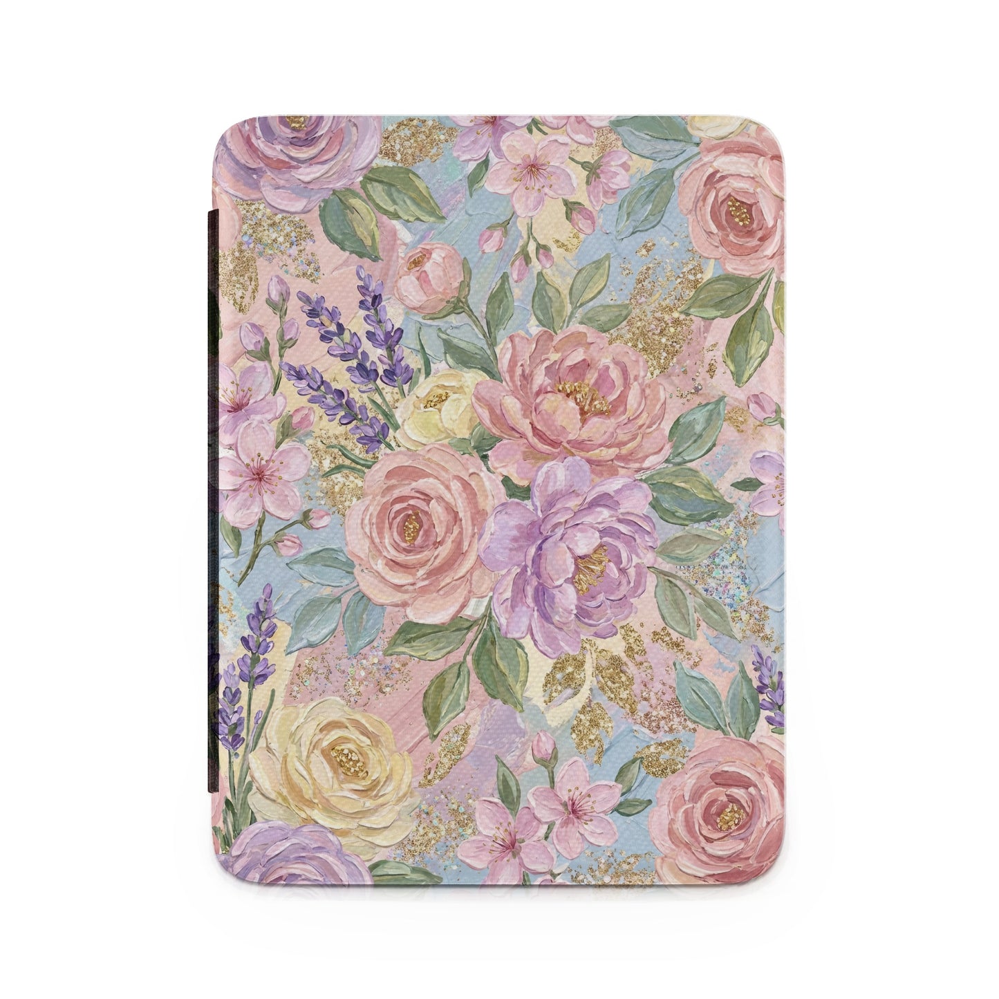 Floral pattern of pink and purple roses with lavender and glitter accents.
