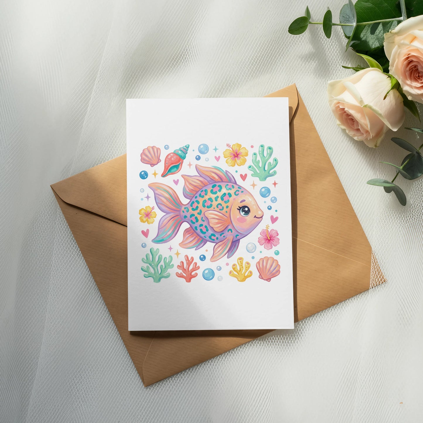 Card with colorful cartoon fish, shells, and coral on a brown envelope.