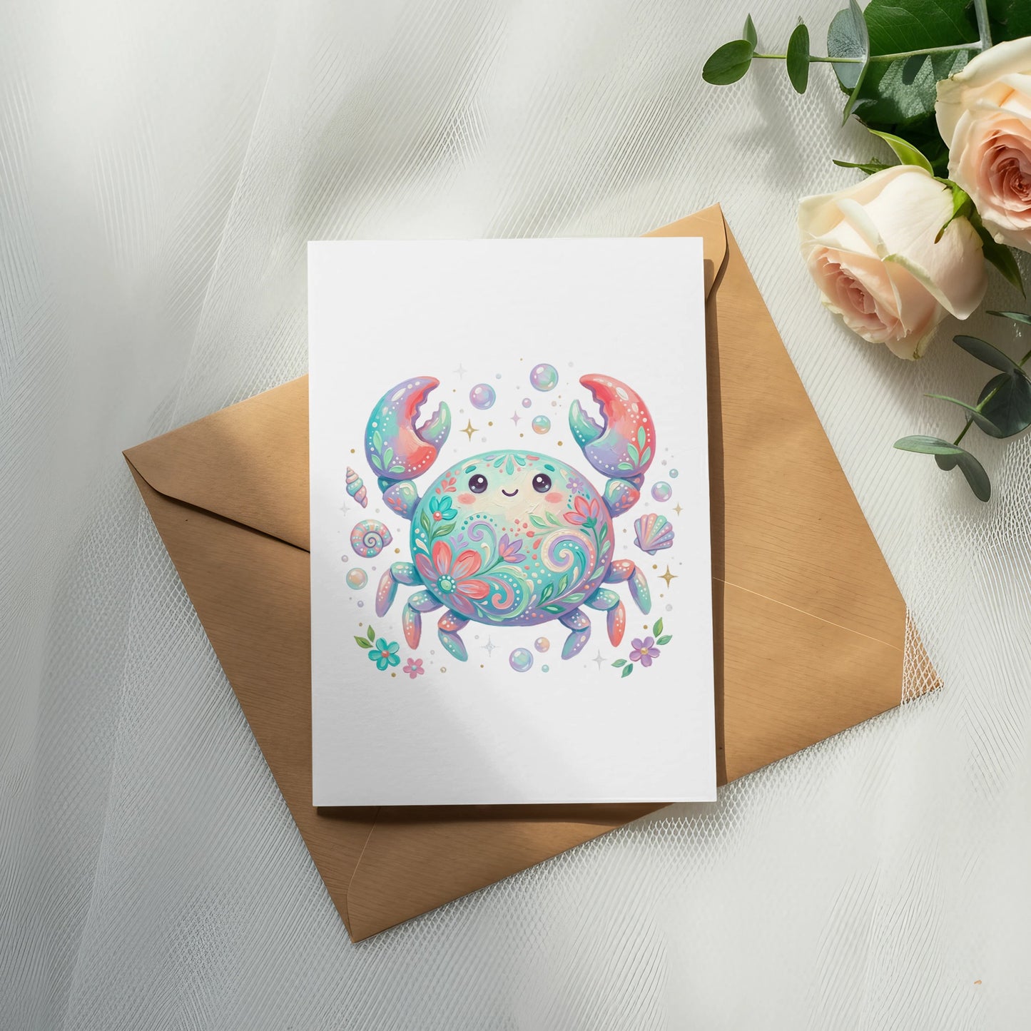 Cute colorful crab illustration on a card, with shells and bubbles.