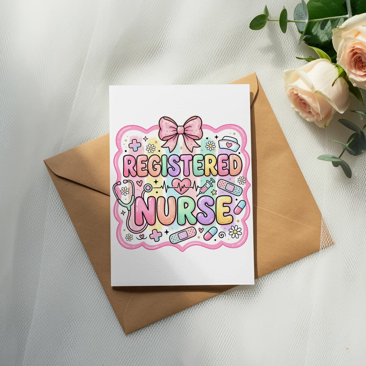 Card with "Registered Nurse" text and medical symbols.