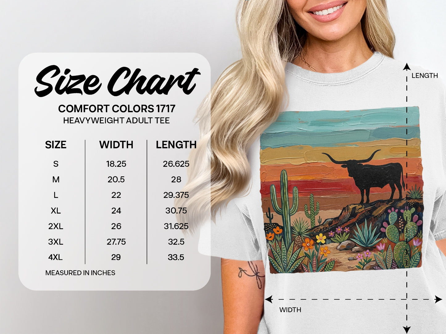 Comfort Colors 1717 heavyweight adult tee size chart with measurements.