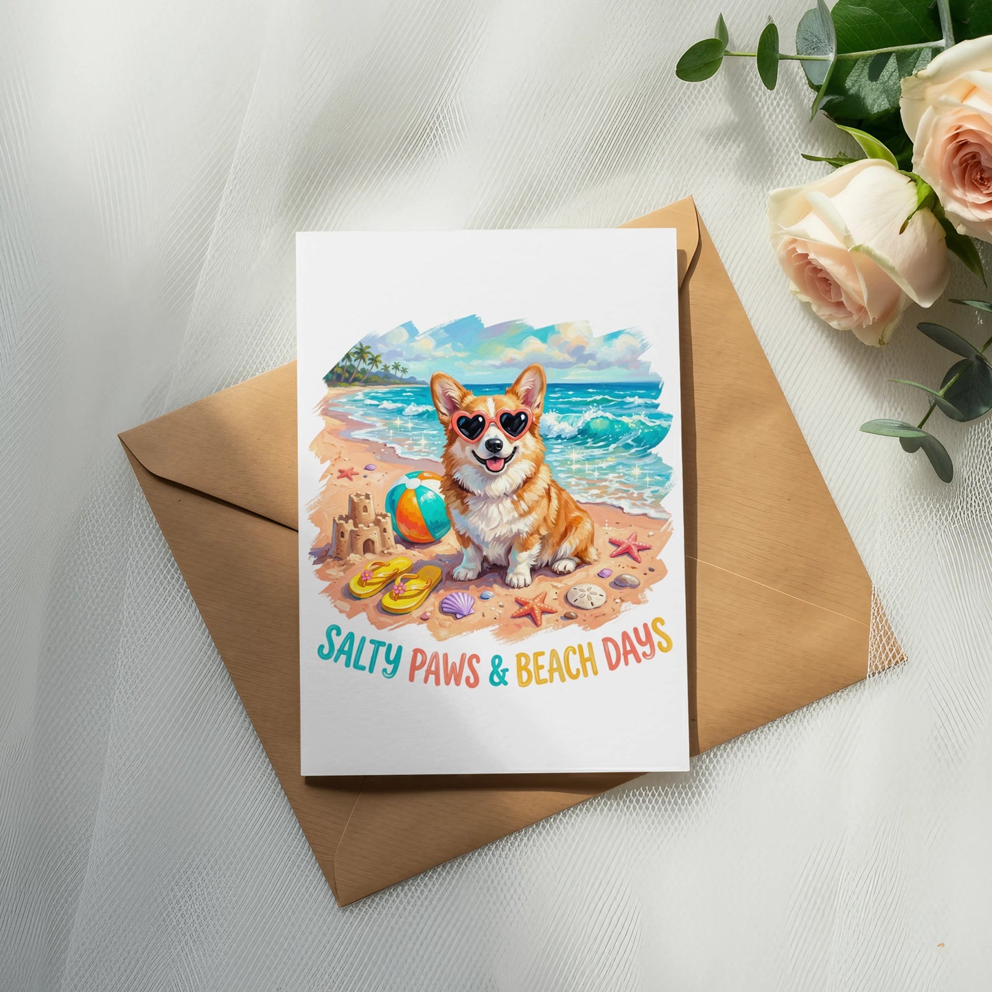 Corgi on beach with sunglasses, flip-flops, and "Salty Paws & Beach Days" text.