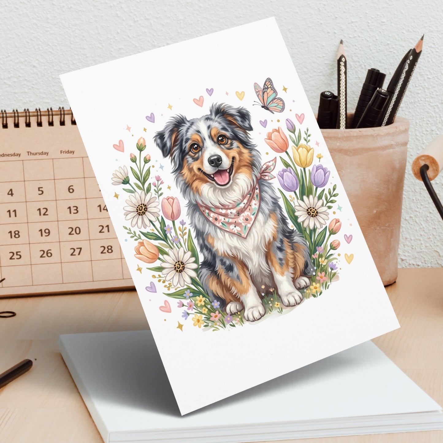 Watercolor illustration of an Australian Shepherd puppy with flowers and a butterfly.