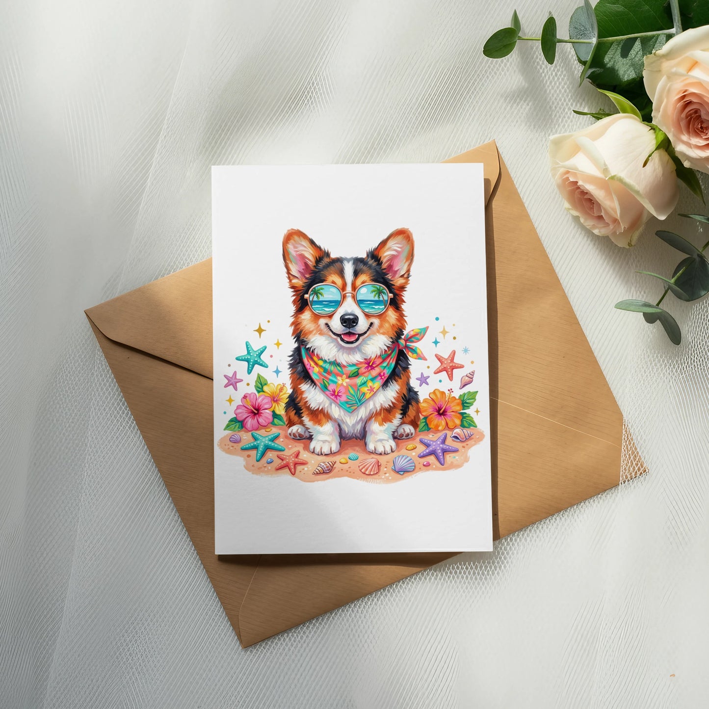 Corgi wearing sunglasses and bandana on a beach scene card.