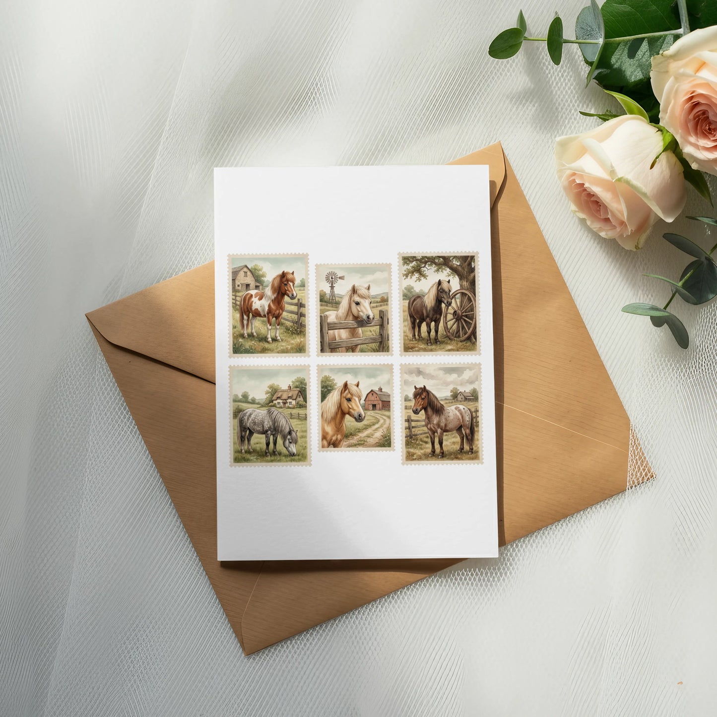 Six postage stamp-style illustrations of horses in pastoral scenes on a card.