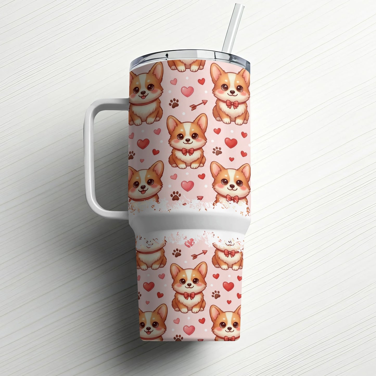 Pink tumbler with repeating pattern of cartoon corgis wearing bowties and hearts.