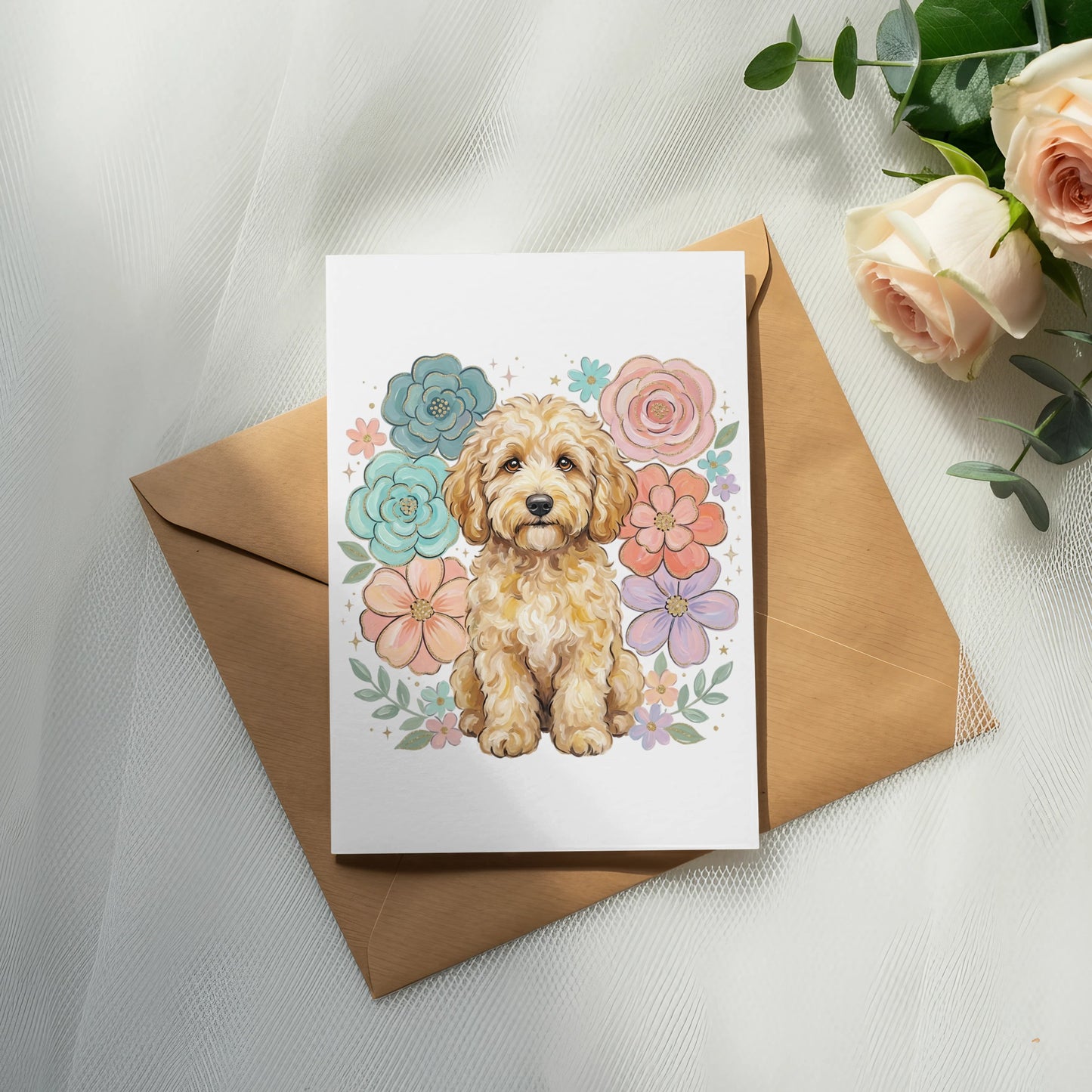 Card featuring a goldendoodle puppy surrounded by colorful flowers on an envelope.